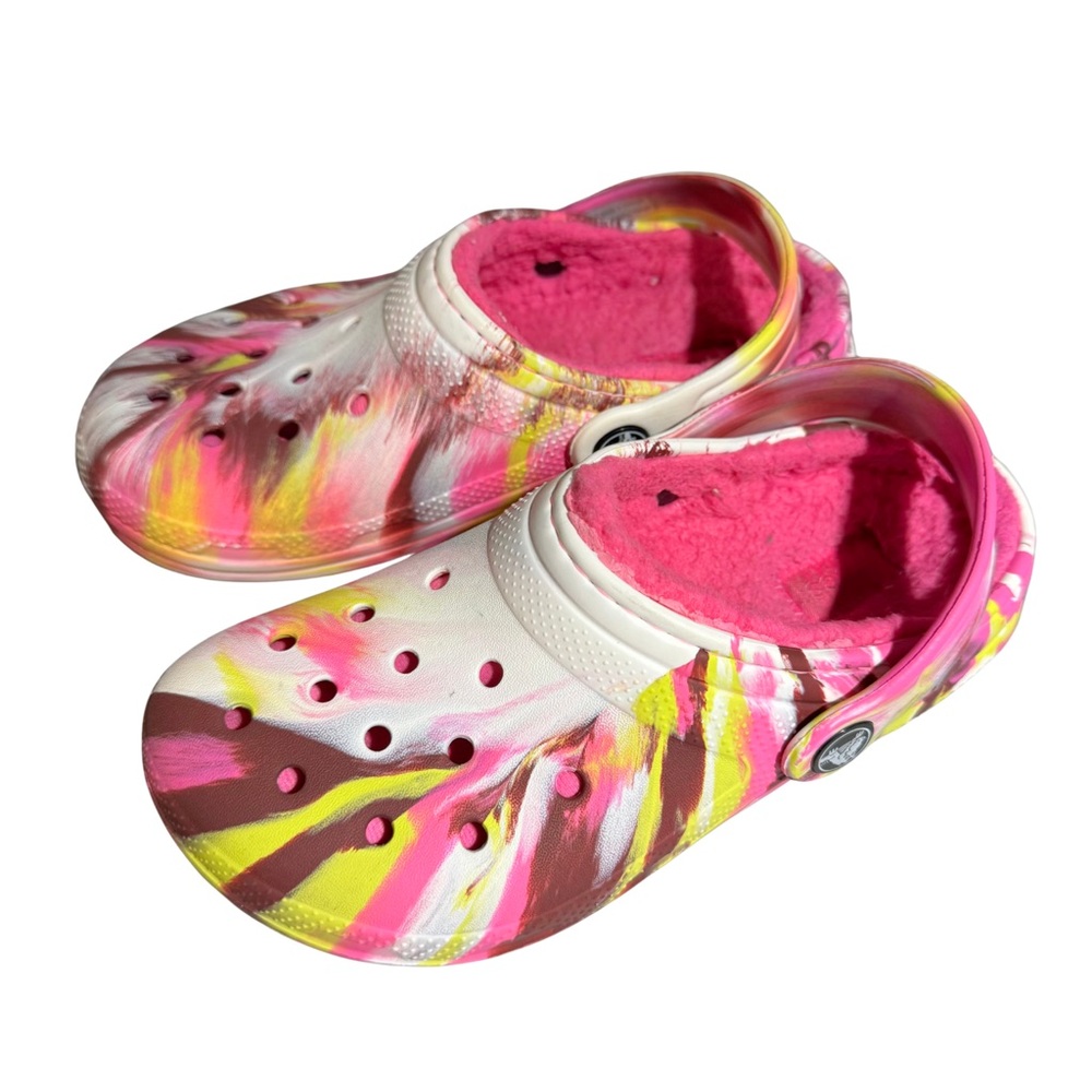 CROCS Girls Multicolor‎ Fleece Lined Slip On Shoes Size 1 Tie Dye Comfy Casual